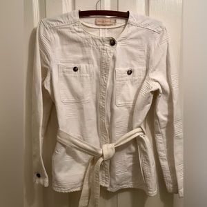 Tory Burch Belted White No Collar Denim or Canvas Jacket